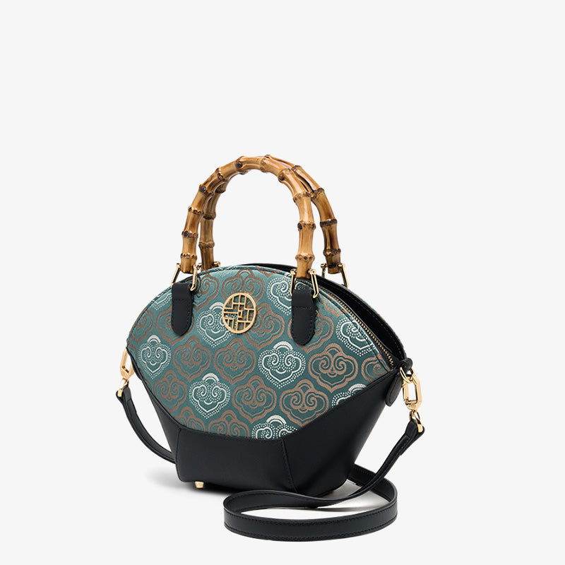 Embroidery Leather Tote Bag Bamboo Handle Auspicious Cloud - SinoCultural -- SC1689-B1 -