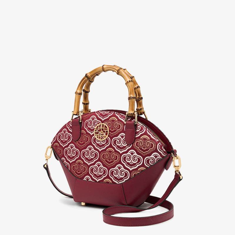 Embroidery Leather Tote Bag Bamboo Handle Auspicious Cloud - SinoCultural -- SC1689-B1 -