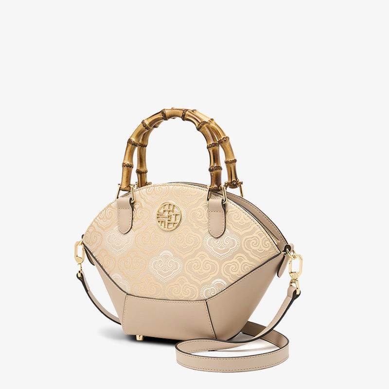 Embroidery Leather Tote Bag Bamboo Handle Auspicious Cloud - SinoCultural -- SC1689-B1 -