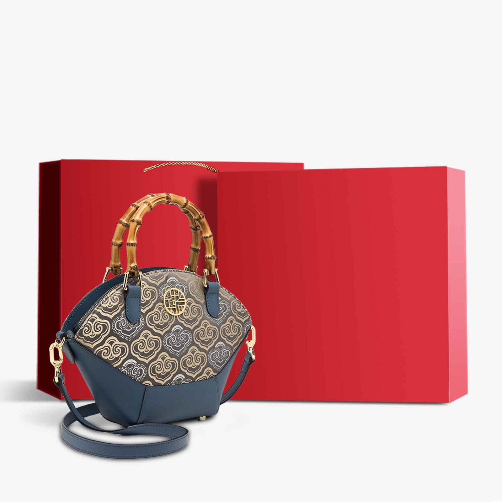 Embroidery Leather Tote Bag Bamboo Handle Auspicious Cloud - SinoCultural -- SC1689-B1 -