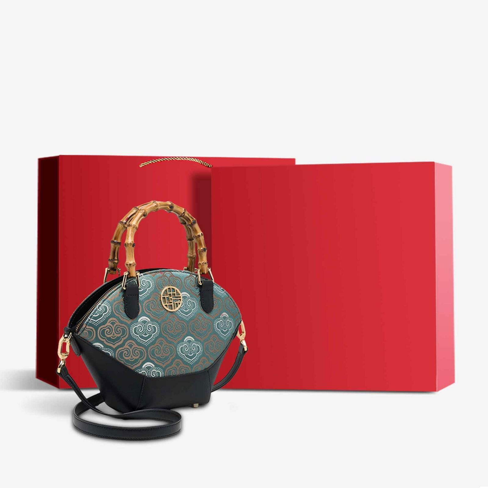 Embroidery Leather Tote Bag Bamboo Handle Auspicious Cloud - SinoCultural -- SC1689-B1 -