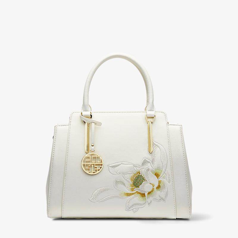 Sinocultural Embroidery Leather Tote Bag White Lotus Crossbody Bag - SinoCultural -- P120317 -