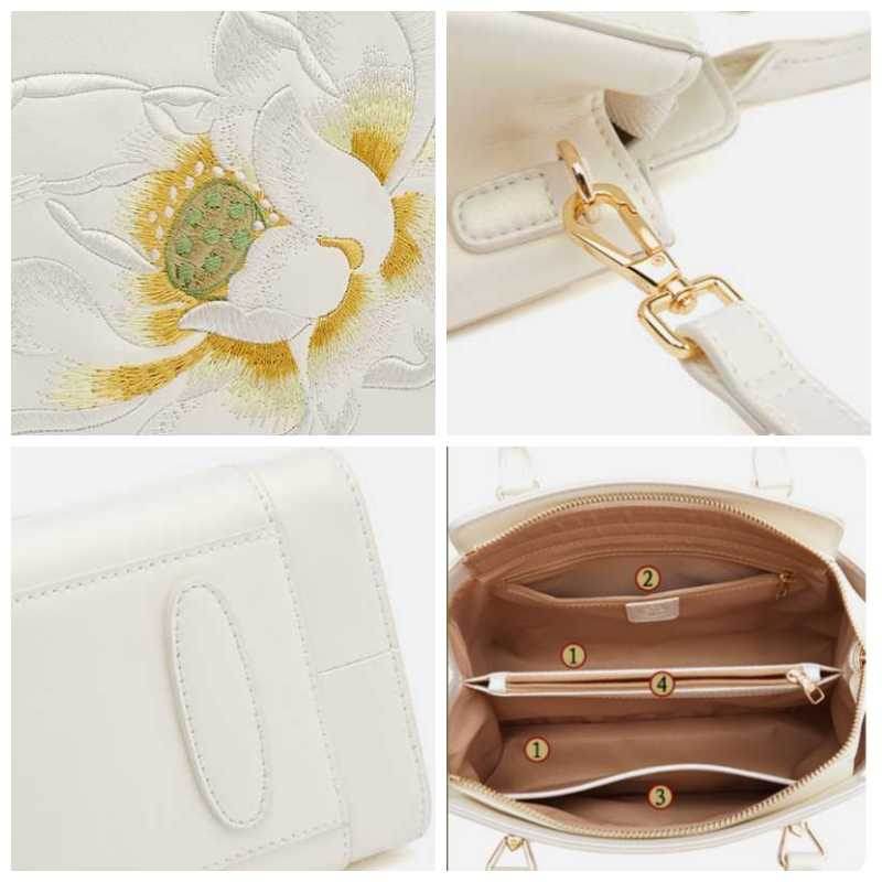 Sinocultural Embroidery Leather Tote Bag White Lotus Crossbody Bag - SinoCultural -- P120317 -