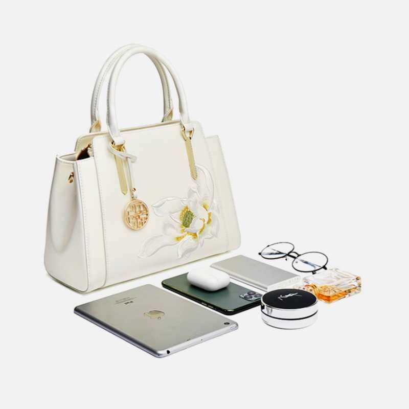 Sinocultural Embroidery Leather Tote Bag White Lotus Crossbody Bag - SinoCultural -- P120317 -