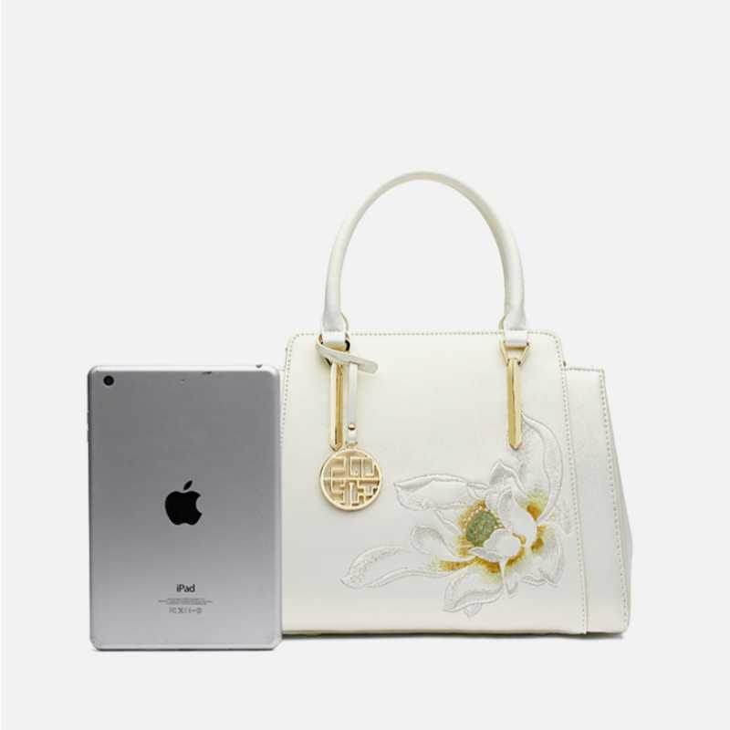 Sinocultural Embroidery Leather Tote Bag White Lotus Crossbody Bag - SinoCultural -- P120317 -