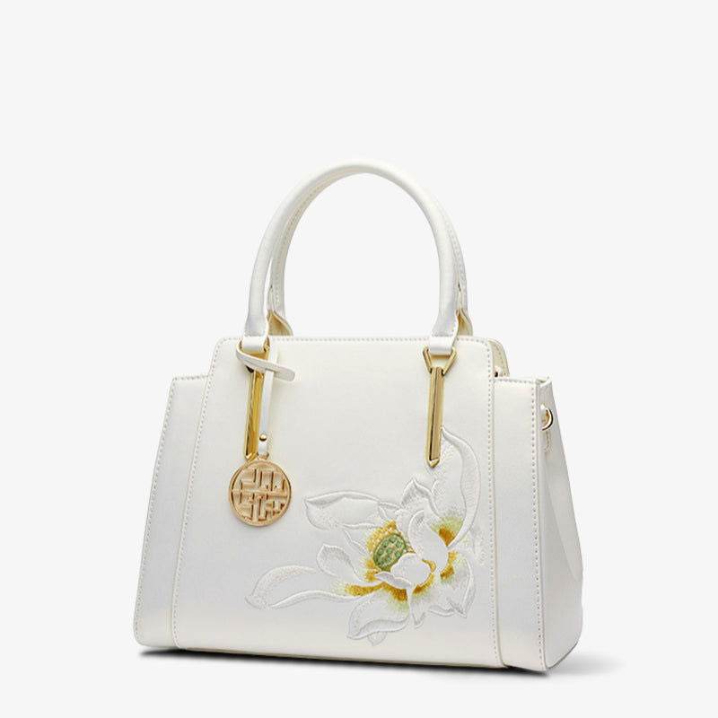 Sinocultural Embroidery Leather Tote Bag White Lotus Crossbody Bag - SinoCultural -- P120317 -