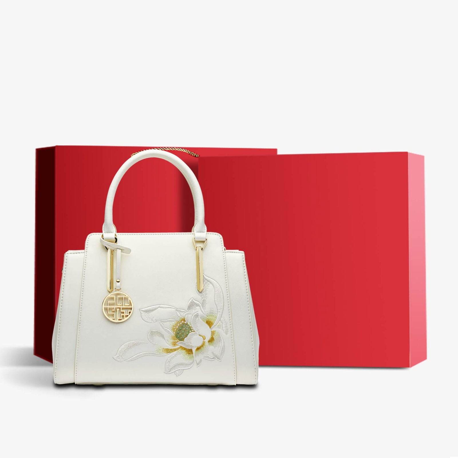 Sinocultural Embroidery Leather Tote Bag White Lotus Crossbody Bag - SinoCultural -- P120317 -