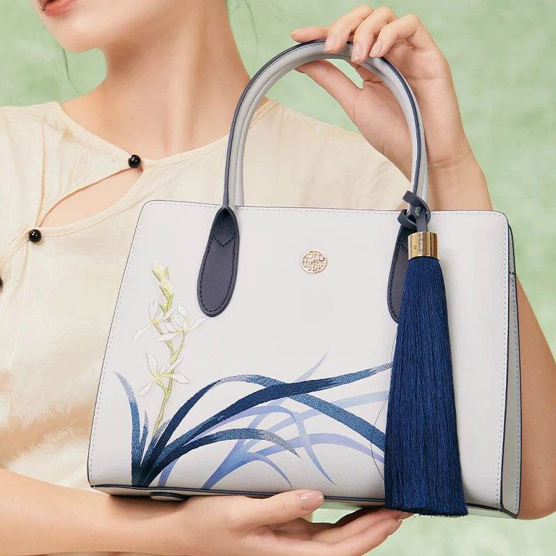 Embroidery Leather Tote Bag Blue Orchid with Pendant - SinoCultural -- P120452 -