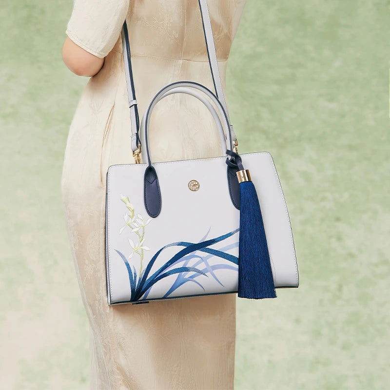 Embroidery Leather Tote Bag Blue Orchid with Pendant - SinoCultural -- P120452 -