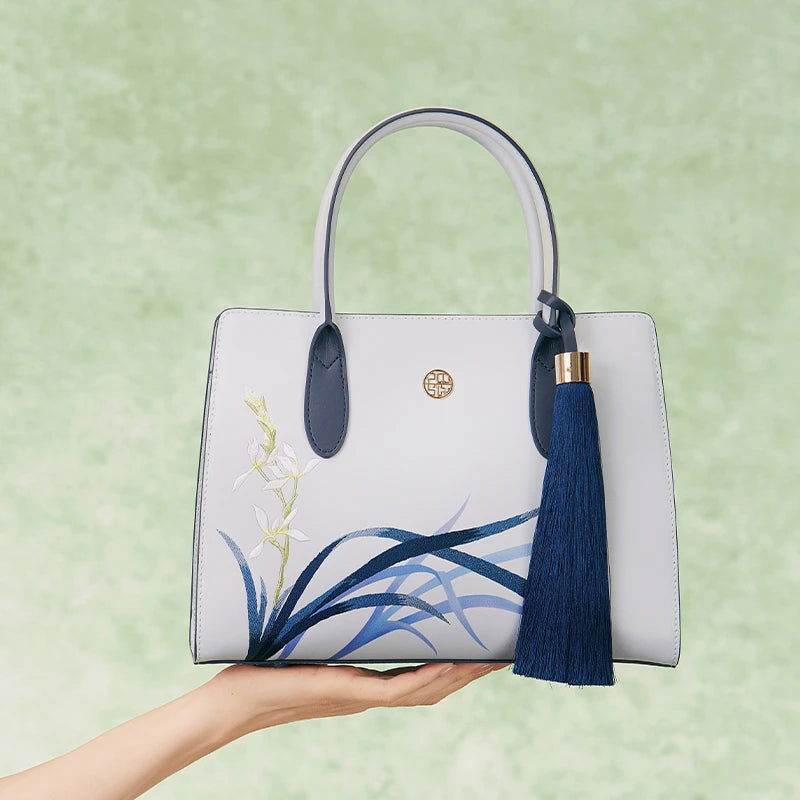 Embroidery Leather Tote Bag Blue Orchid with Pendant - SinoCultural -- P120452 -