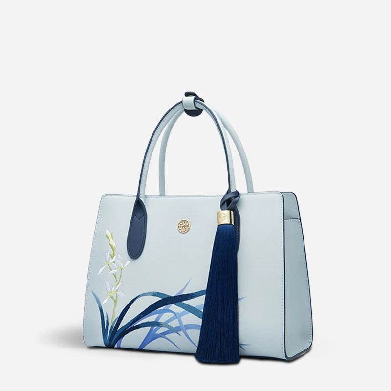 Embroidery Leather Tote Bag Blue Orchid with Pendant - SinoCultural -- P120452 -
