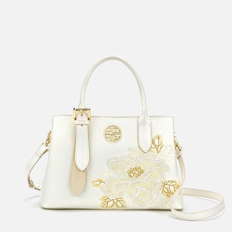 Embroidery Leather Tote Bag White Blooming Peony - SinoCultural -- P120436