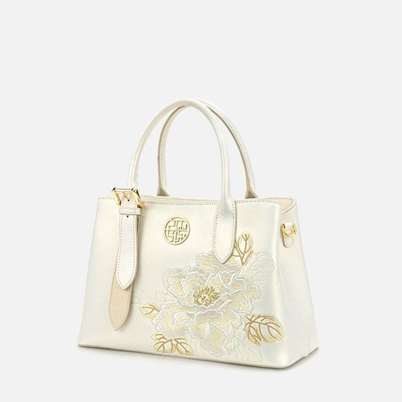 Embroidery Leather Tote Bag White Blooming Peony - SinoCultural -- P120436
