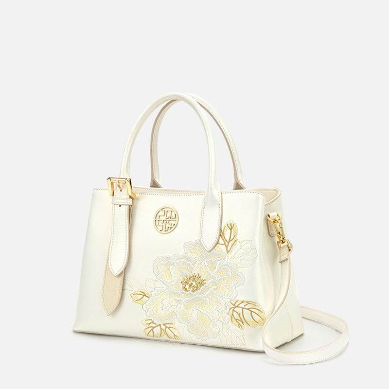 Embroidery Leather Tote Bag White Blooming Peony - SinoCultural -- P120436