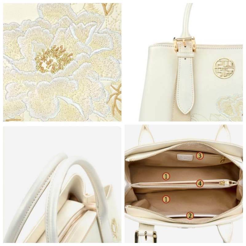 Embroidery Leather Tote Bag White Blooming Peony - SinoCultural -- P120436