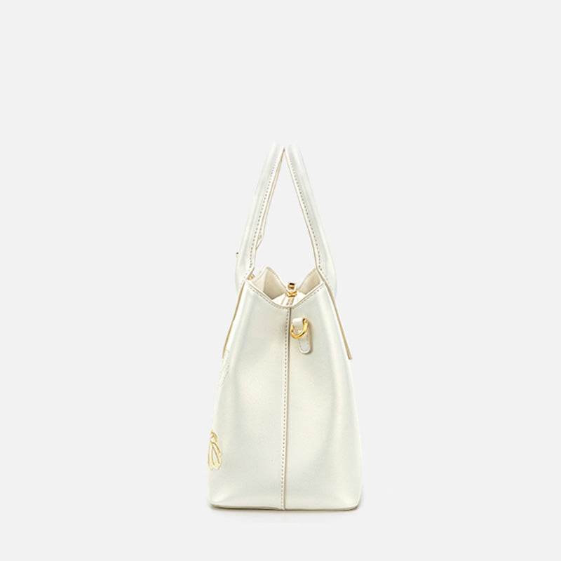 Embroidery Leather Tote Bag White Blooming Peony - SinoCultural -- P120436