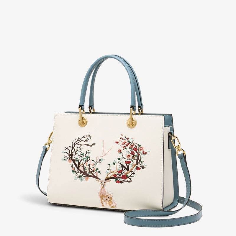 Embroidery Leather Tote Crossbody Bag Tricolor Deer - SinoCultural -- SC1068-A2