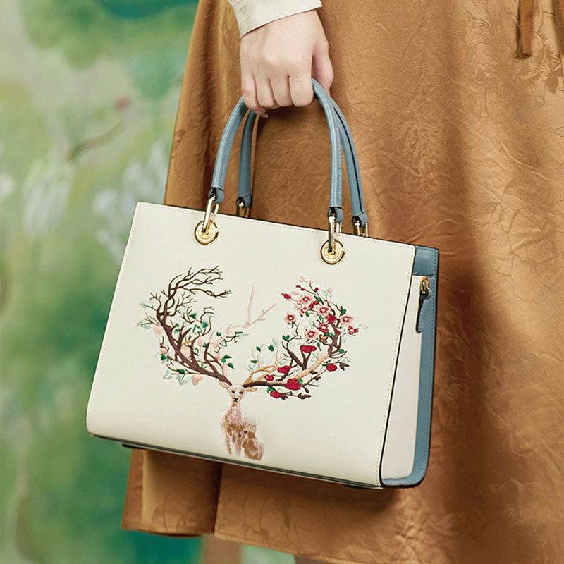 Embroidery Leather Tote Crossbody Bag Tricolor Deer - SinoCultural -- SC1068-A2