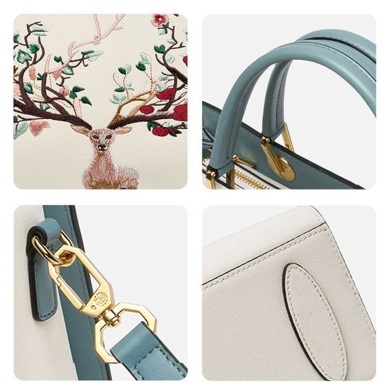 Embroidery Leather Tote Crossbody Bag Tricolor Deer - SinoCultural -- SC1068-A2