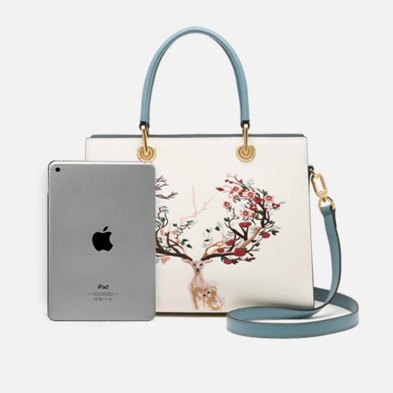 Embroidery Leather Tote Crossbody Bag Tricolor Deer - SinoCultural -- SC1068-A2
