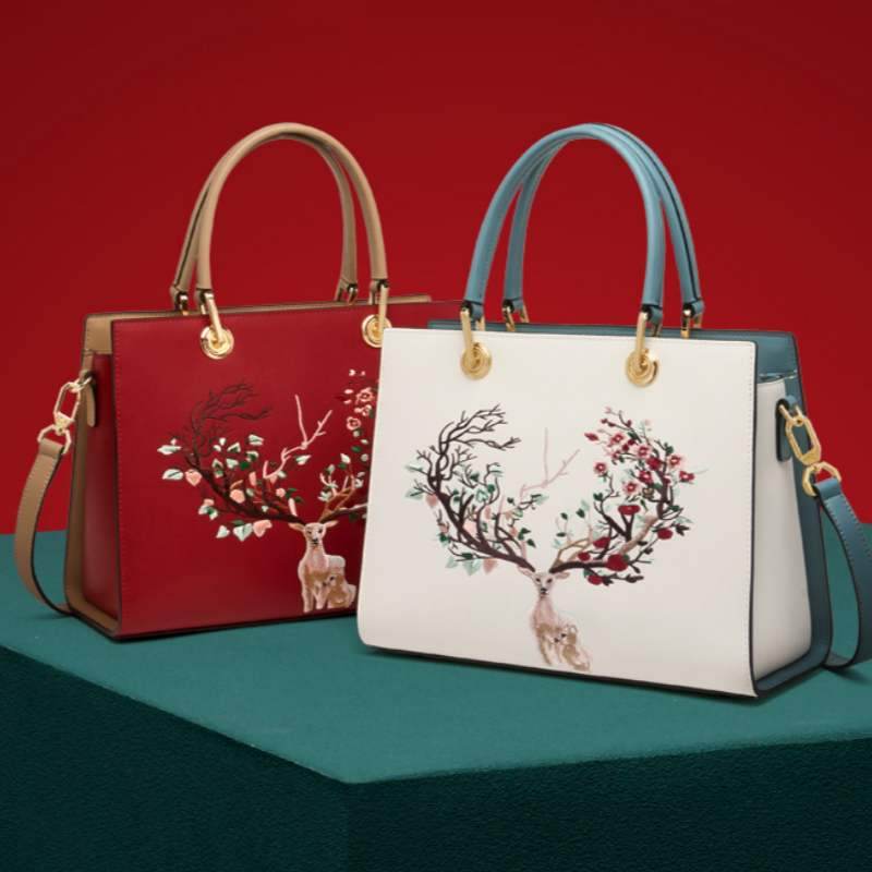 Embroidery Leather Tote Crossbody Bag Tricolor Deer - SinoCultural -- SC1068-A2