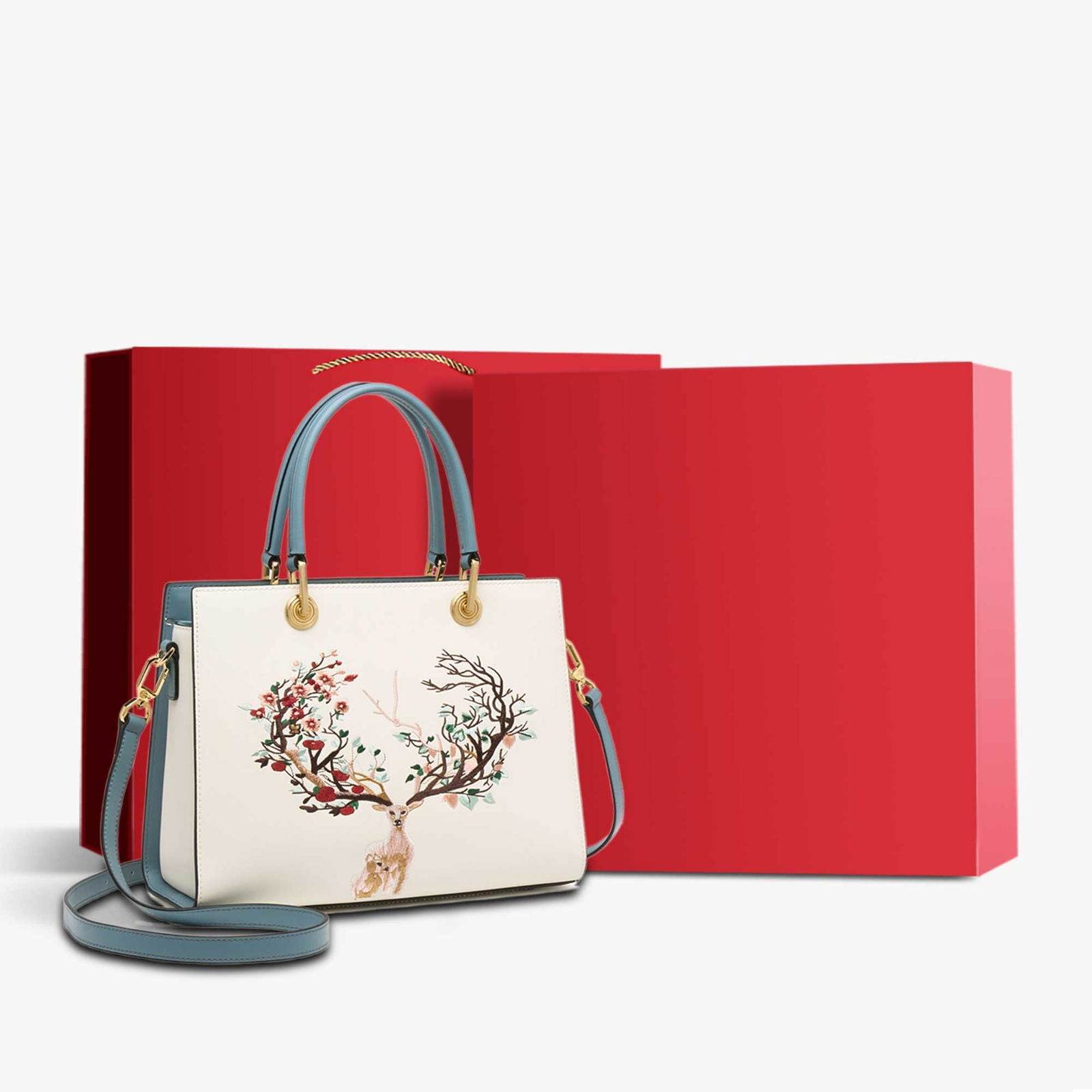Embroidery Leather Tote Crossbody Bag Tricolor Deer - SinoCultural -- SC1068-A2