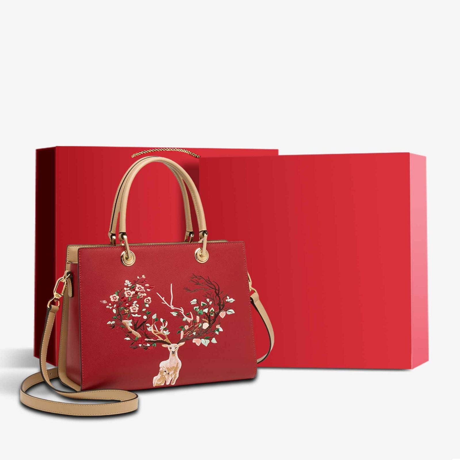 Embroidery Leather Tote Crossbody Bag Tricolor Deer - SinoCultural -- SC1068-A2