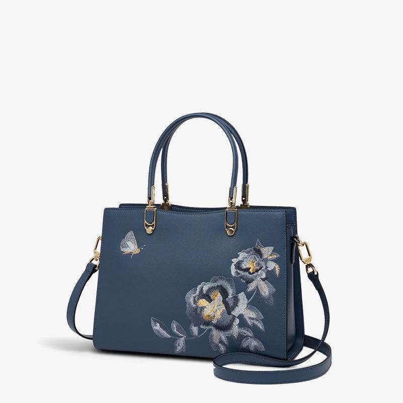 Embroidery Leather Tote Handbag Prosperous Peony - SinoCultural -- SC1605-S2 -