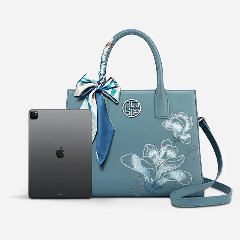 Embroidery Leather White Commuting Handbag Orchid with Scarf - SinoCultural -- P120437-1