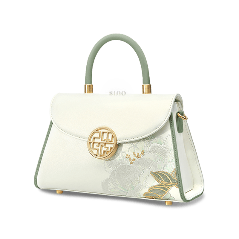 Embroidery Leather White Crossbody Bag Hibiscus Women Handbag - SinoCultural -- P120557