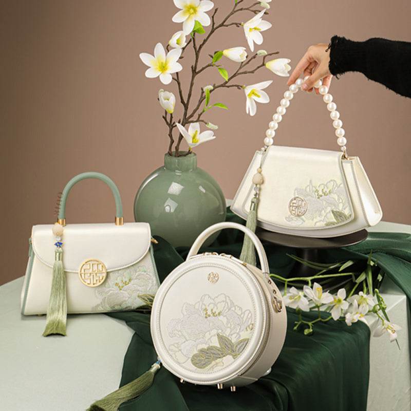 Embroidery Leather White Crossbody Bag Hibiscus Women Handbag - SinoCultural -- P120557