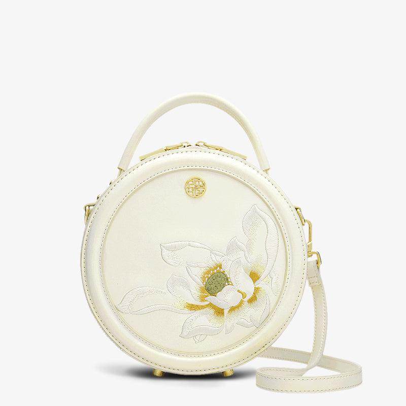 Embroidery Leather White Round Handbag Lotus - SinoCultural -- P120355