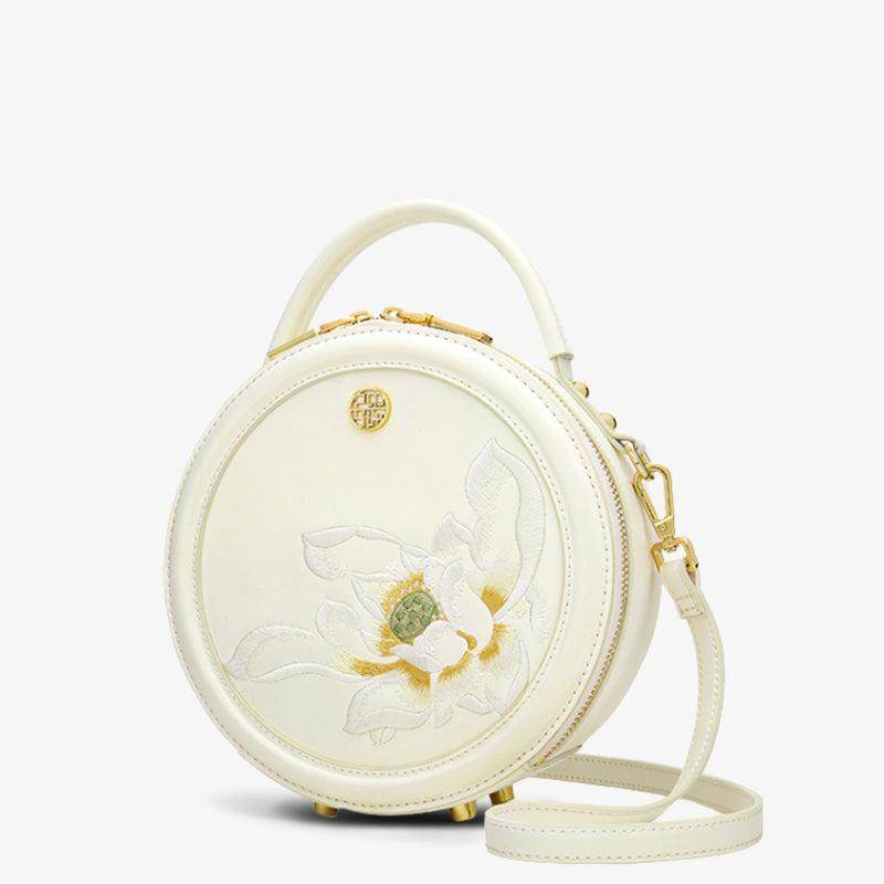 Embroidery Leather White Round Handbag Lotus - SinoCultural -- P120355 -