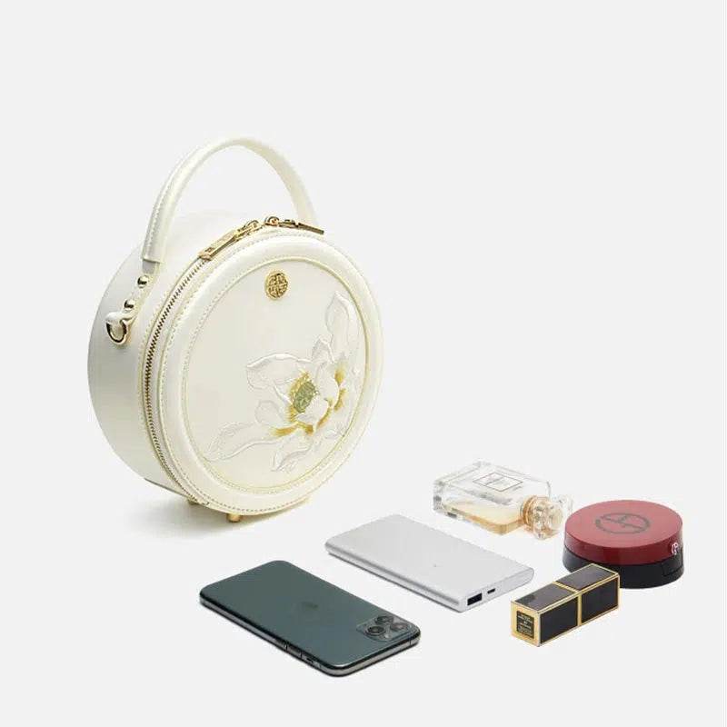 Embroidery Leather White Round Handbag Lotus - SinoCultural -- P120355 -