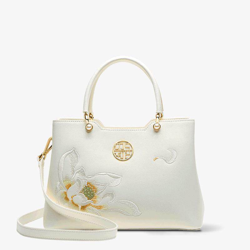 Embroidery Leather White Crossbody Tote Bag Lotus Luxury Gift - SinoCultural -- P120279 -