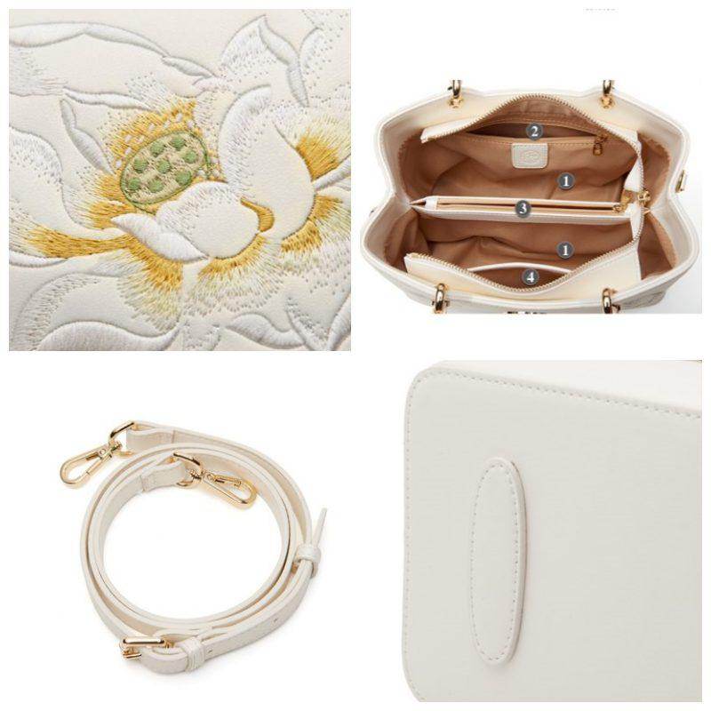 Embroidery Leather White Crossbody Tote Bag Lotus Luxury Gift - SinoCultural -- P120279 -