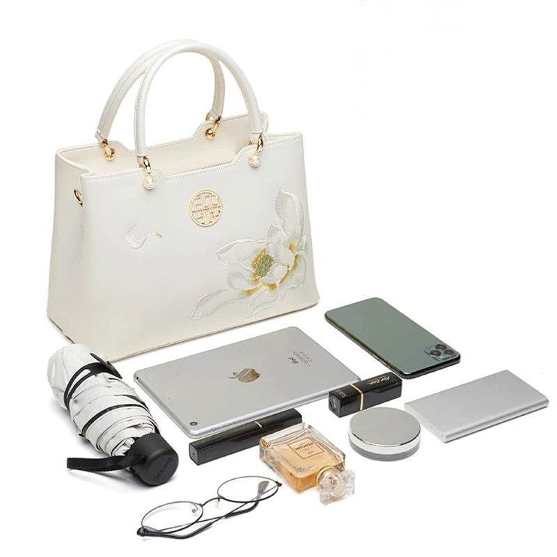 Embroidery Leather White Crossbody Tote Bag Lotus Luxury Gift - SinoCultural -- P120279 -