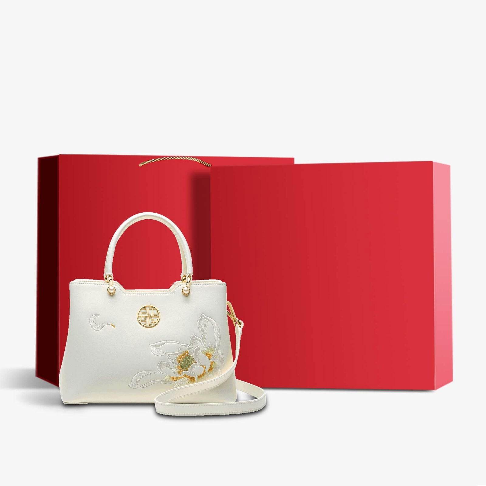 Embroidery Leather White Crossbody Tote Bag Lotus Luxury Gift - SinoCultural -- P120279 -