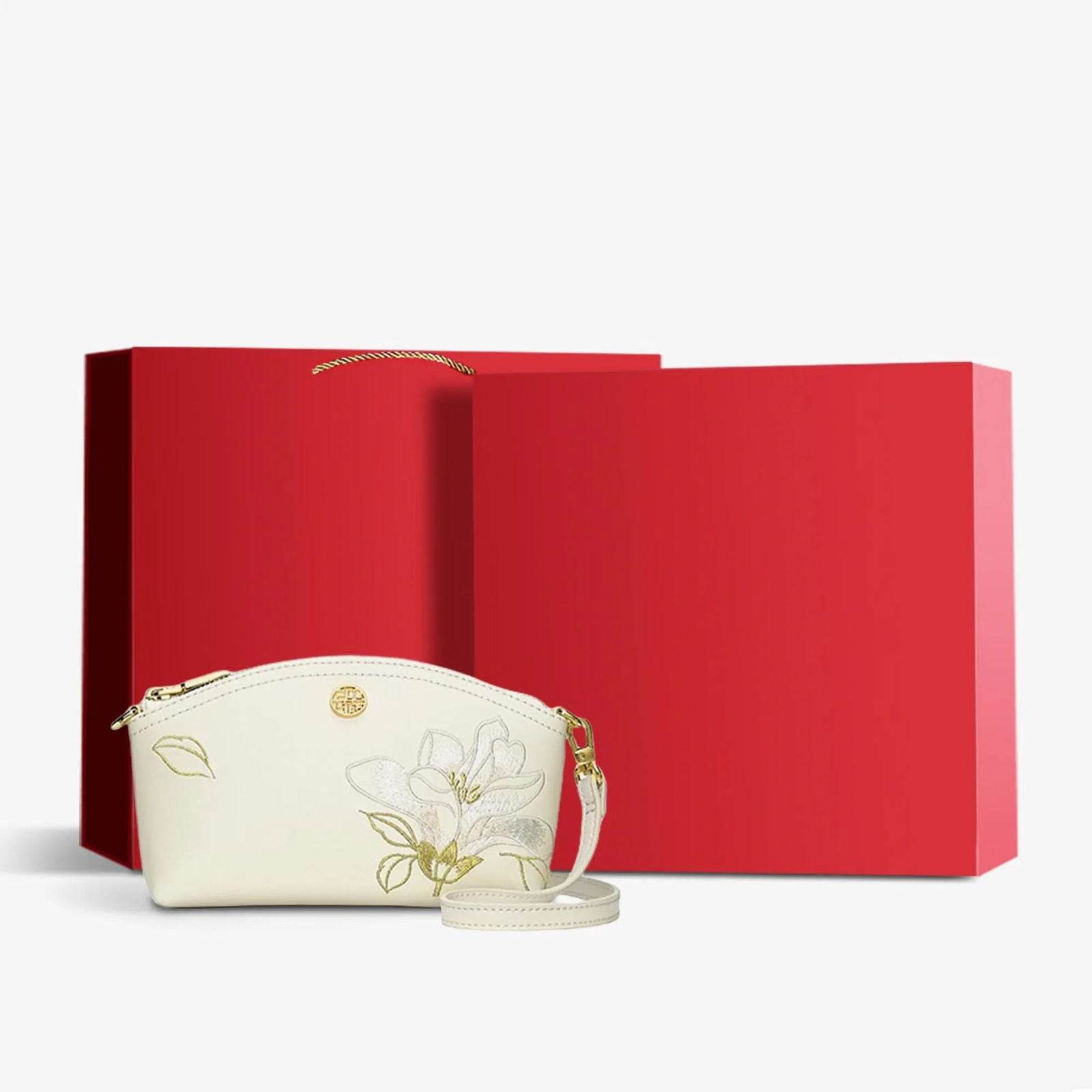 Embroidery Leather Red Magnolia Women‘s Handbag Wallet - SinoCultural -- P220248-1