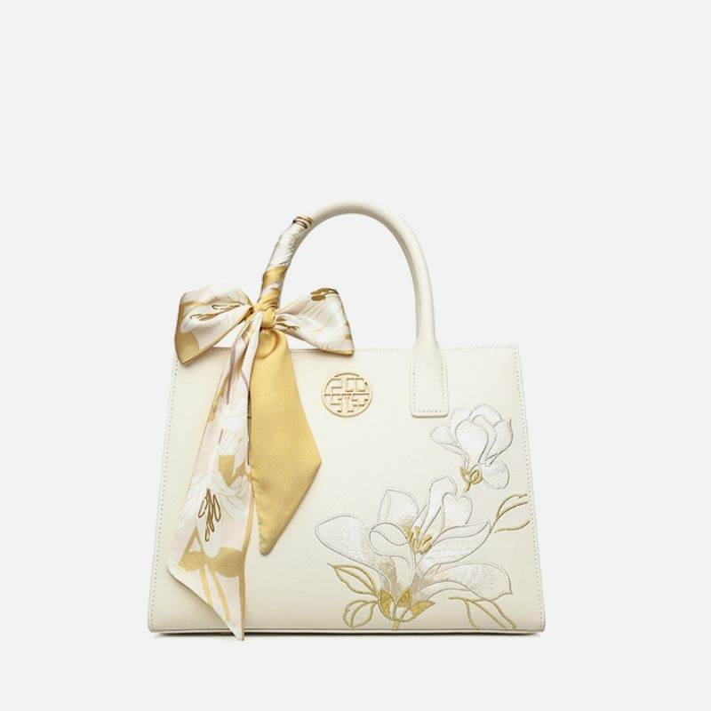 Embroidery Leather White Commuting Handbag Orchid with Scarf - SinoCultural -- P120437-1