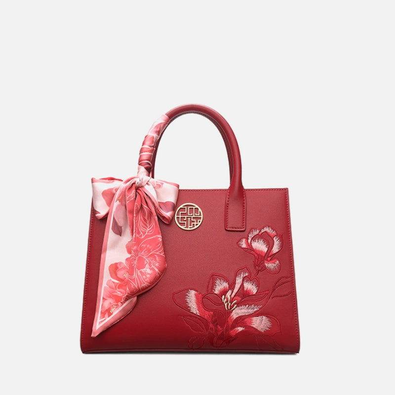 Embroidery Leather White Commuting Handbag Orchid with Scarf - SinoCultural -- P120437-1