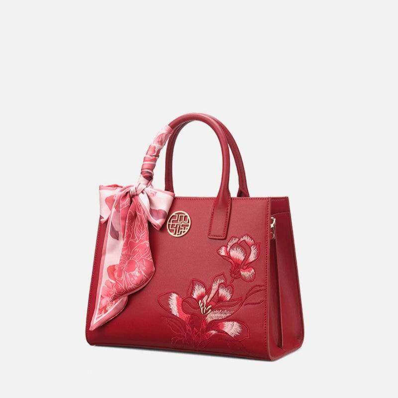 Embroidery Leather White Commuting Handbag Orchid with Scarf - SinoCultural -- P120437-1
