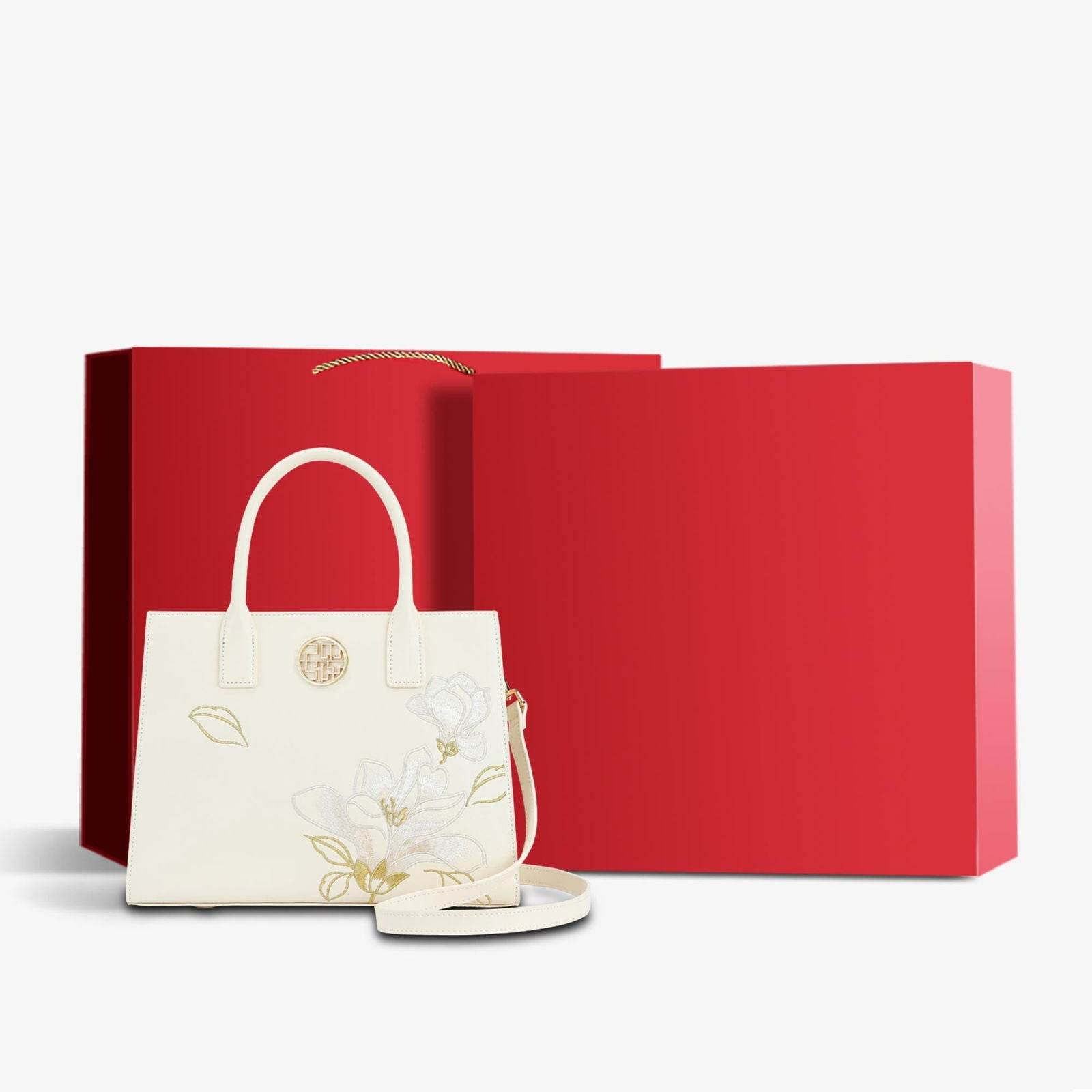Embroidery Leather White Commuting Handbag Orchid with Scarf - SinoCultural -- P120437-1