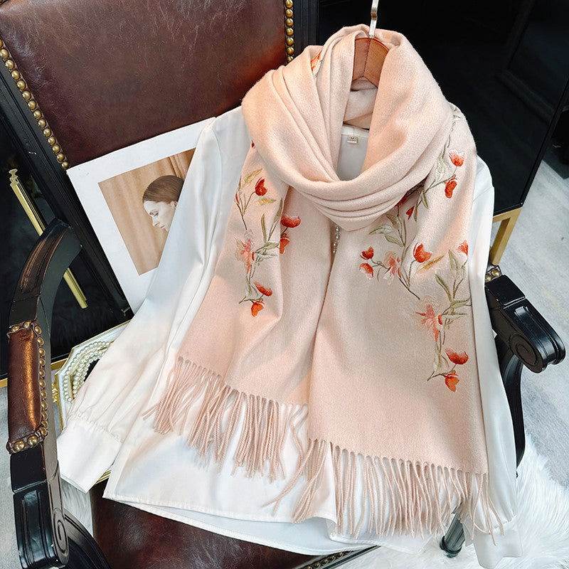 Embroidery 100% Pure Cashmere Scarf Elegant Winter Accessory 200x60 cm - SinoCultural -- HYFSJ039
