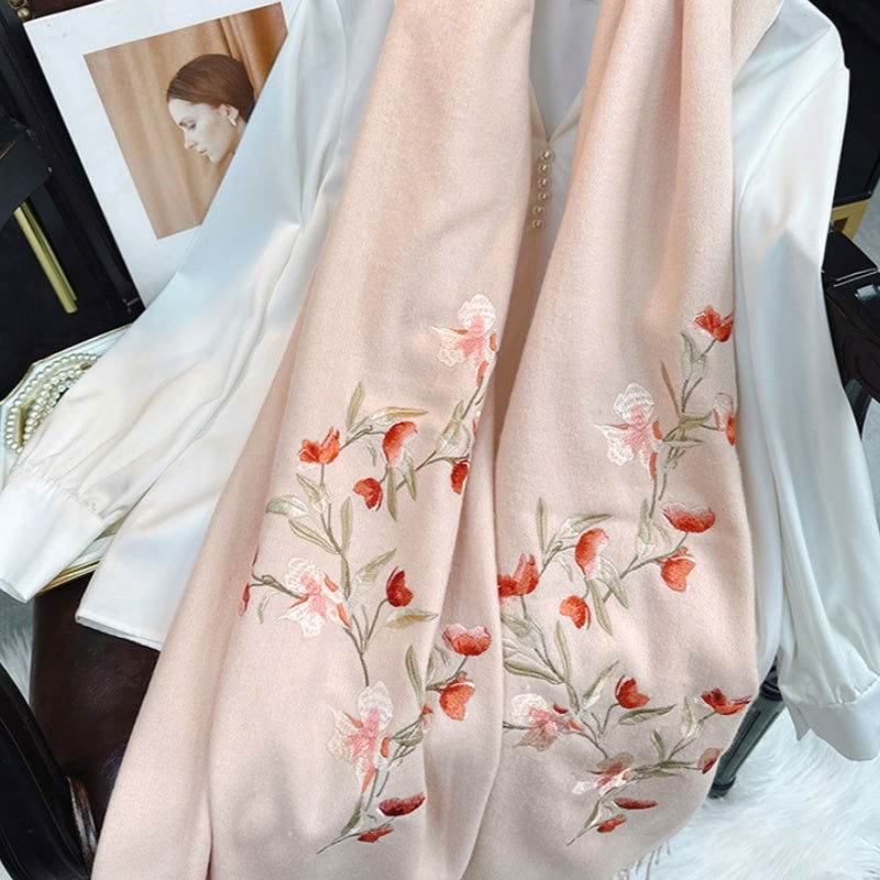 Embroidery 100% Pure Cashmere Scarf Elegant Winter Accessory 200x60 cm - SinoCultural -- HYFSJ039