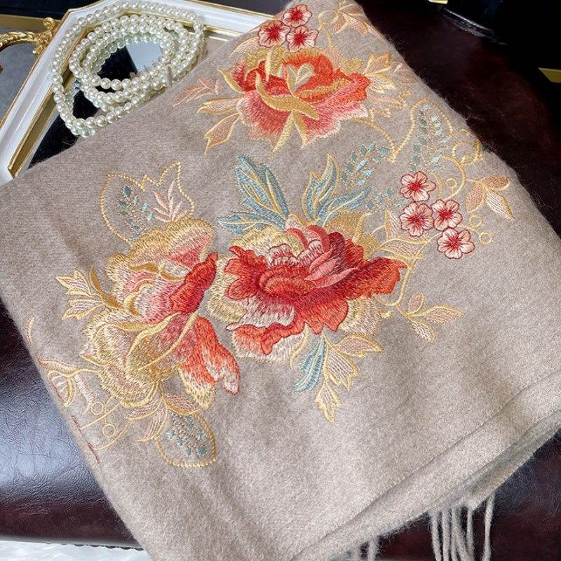 Embroidery 100% Pure Cashmere Scarf Elegant Floral Design 200x60 cm - SinoCultural -- HYFSJ040