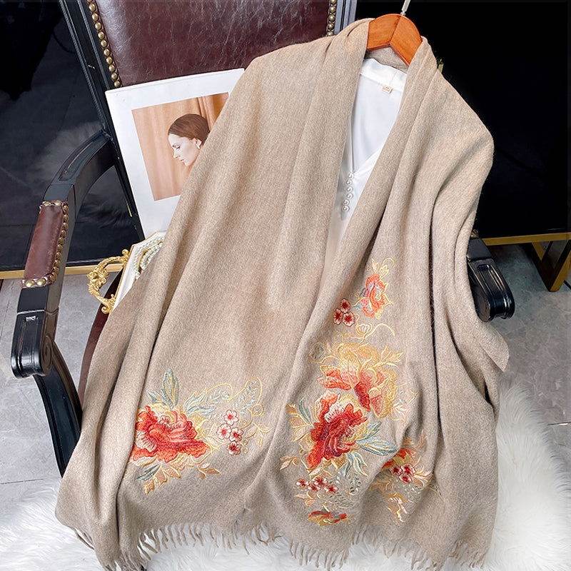 Embroidery 100% Pure Cashmere Scarf Elegant Floral Design 200x60 cm - SinoCultural -- HYFSJ040