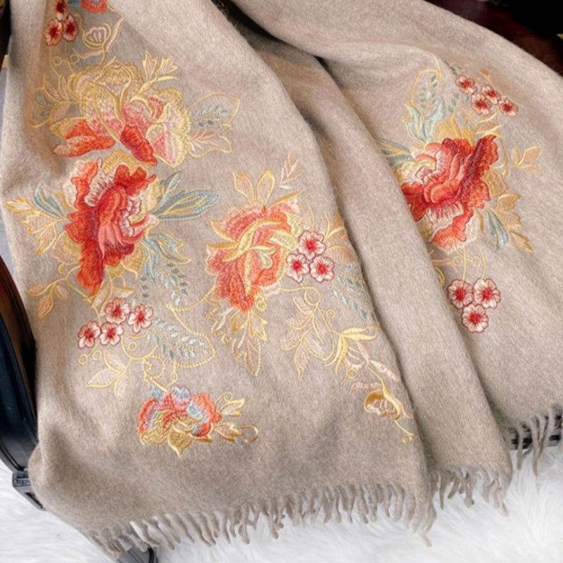 Embroidery 100% Pure Cashmere Scarf Elegant Floral Design 200x60 cm - SinoCultural -- HYFSJ040