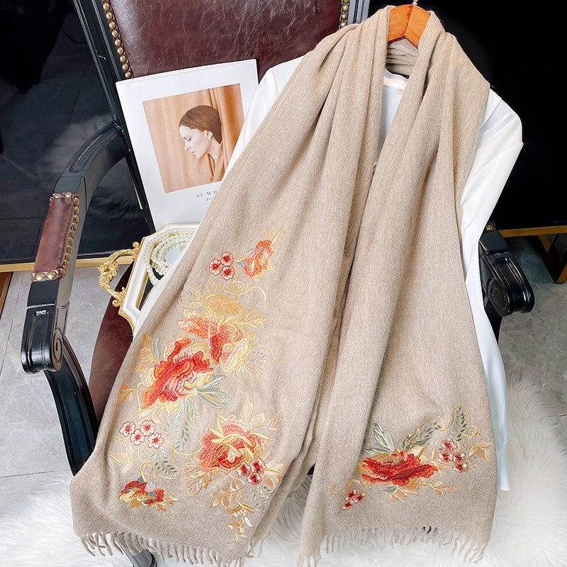Embroidery 100% Pure Cashmere Scarf Elegant Floral Design 200x60 cm - SinoCultural -- HYFSJ040