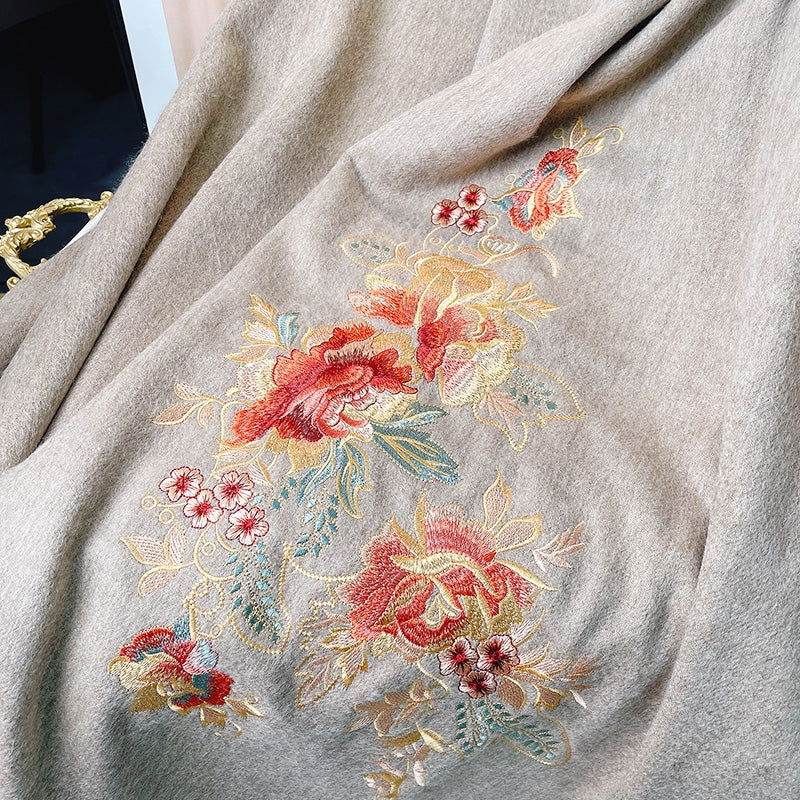 Embroidery 100% Pure Cashmere Scarf Elegant Floral Design 200x60 cm - SinoCultural -- HYFSJ040